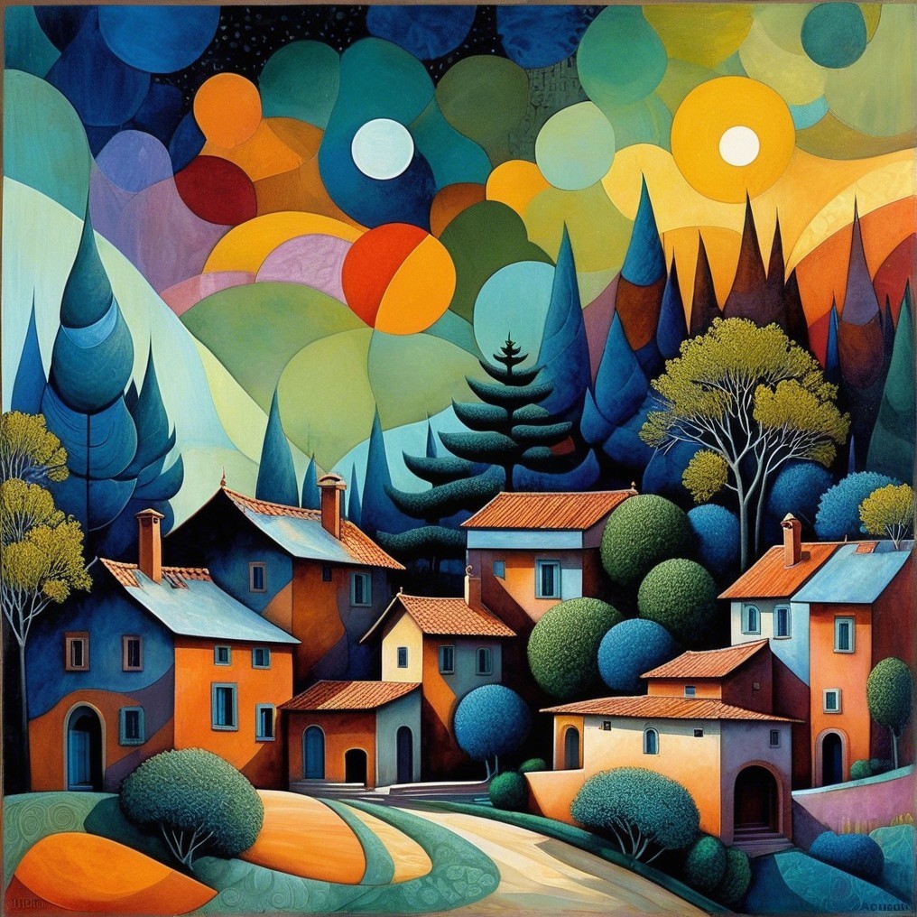 Vibrant Abstract Landscape with Colorful Houses and Trees