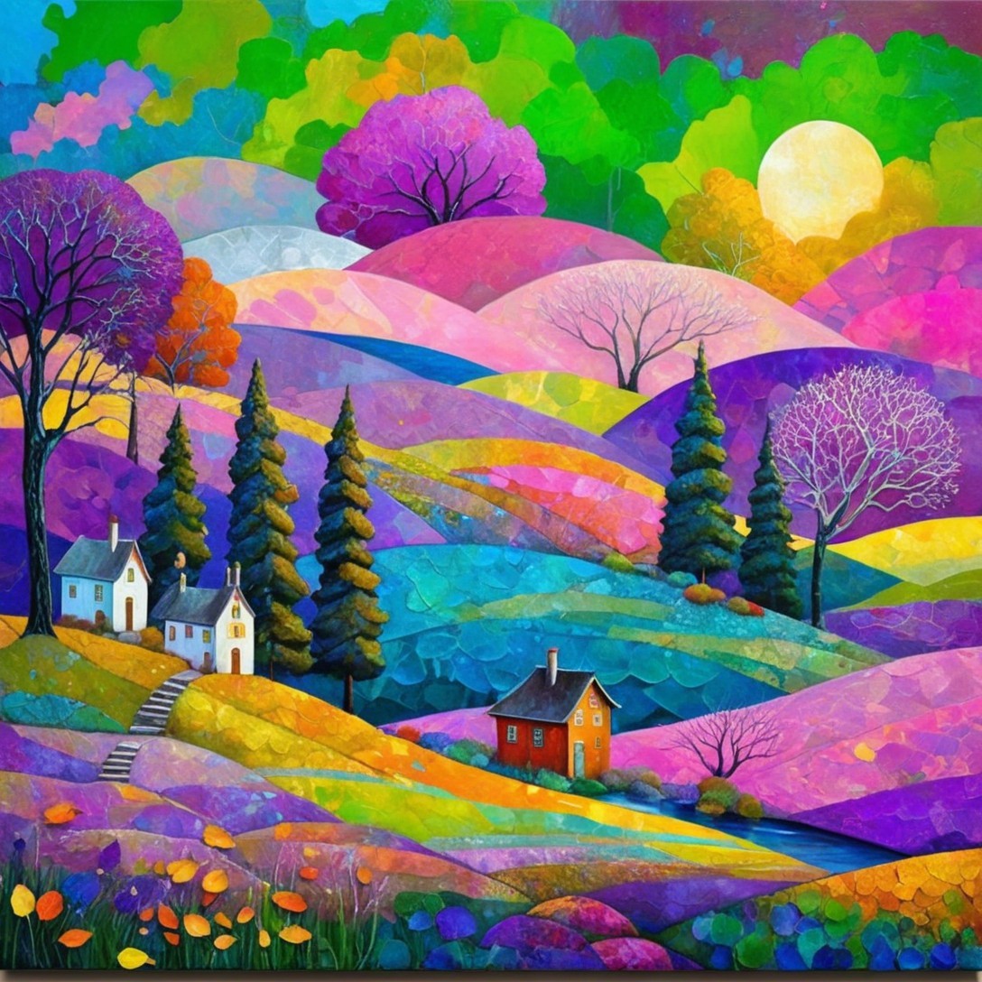 Vibrant Colorful Landscape with Whimsical Trees and Homes