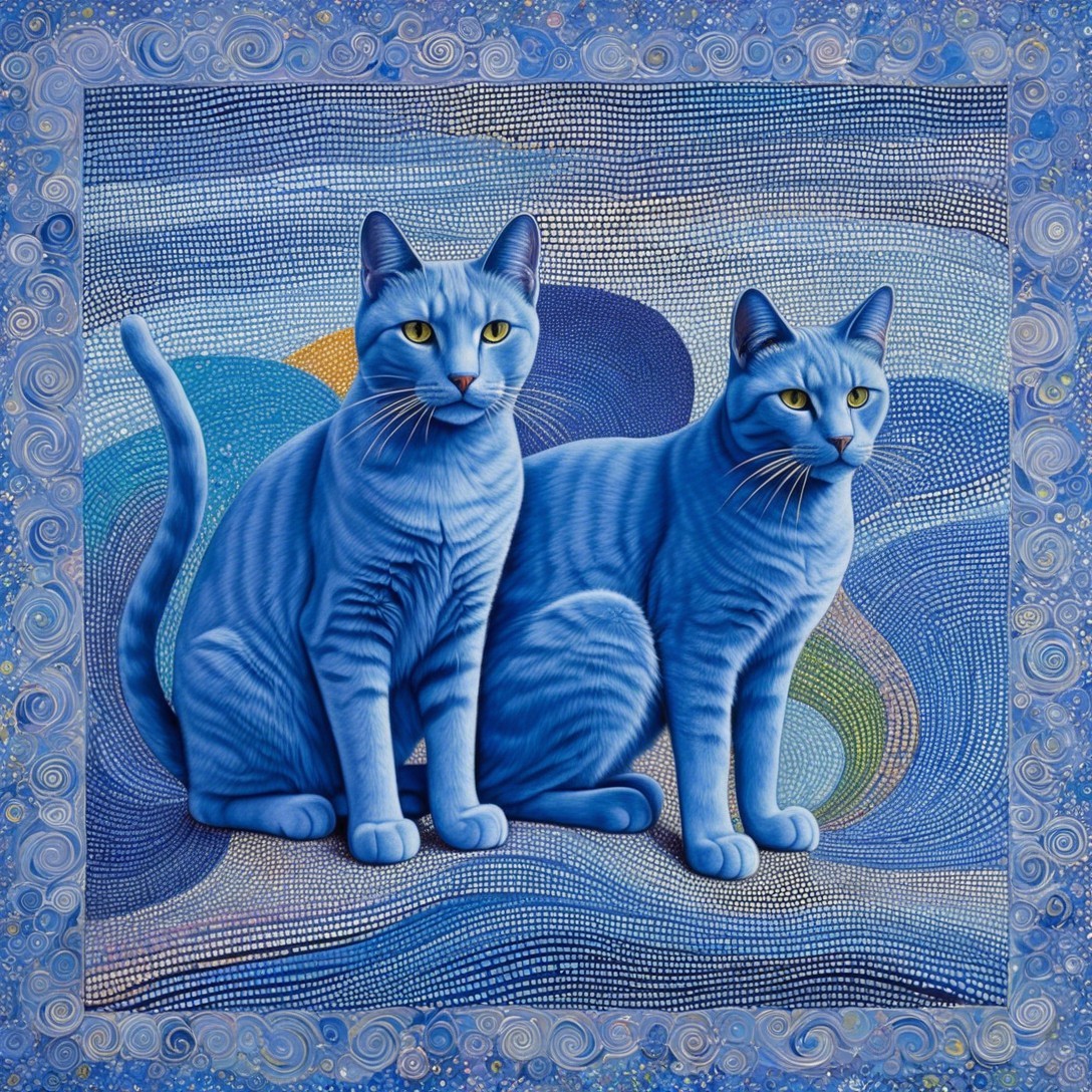 Blue Cats in Dreamlike Swirling Blue Background