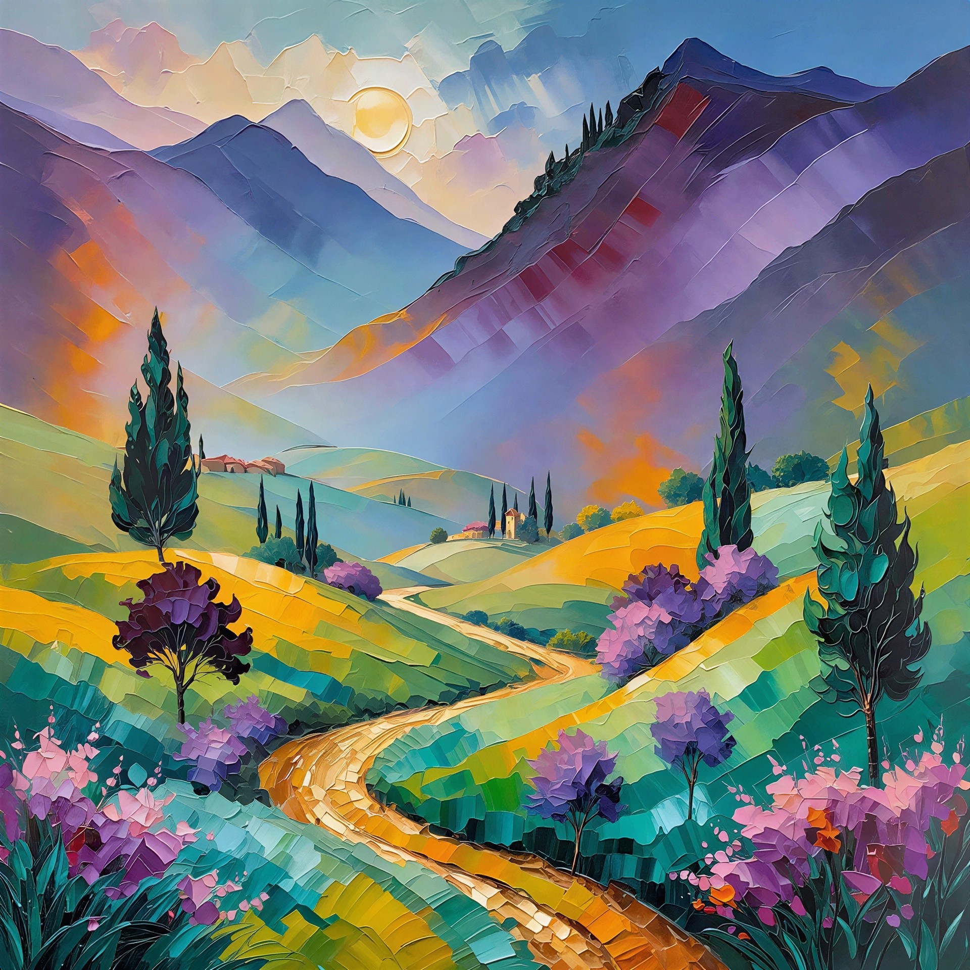 Impressionistic Landscape with Rolling Hills and Mountains