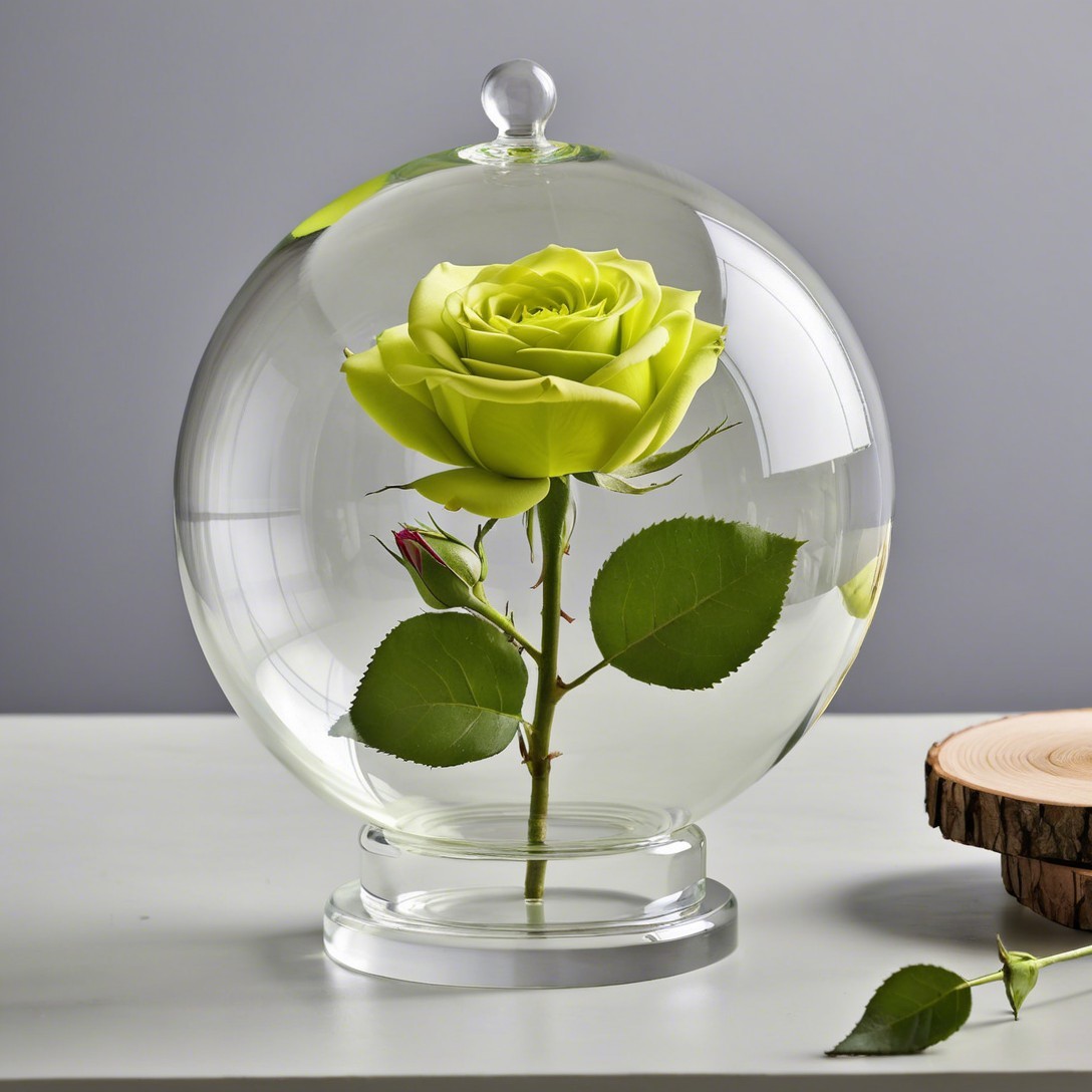 Vibrant Green Rose in Glass Dome with Red Bud