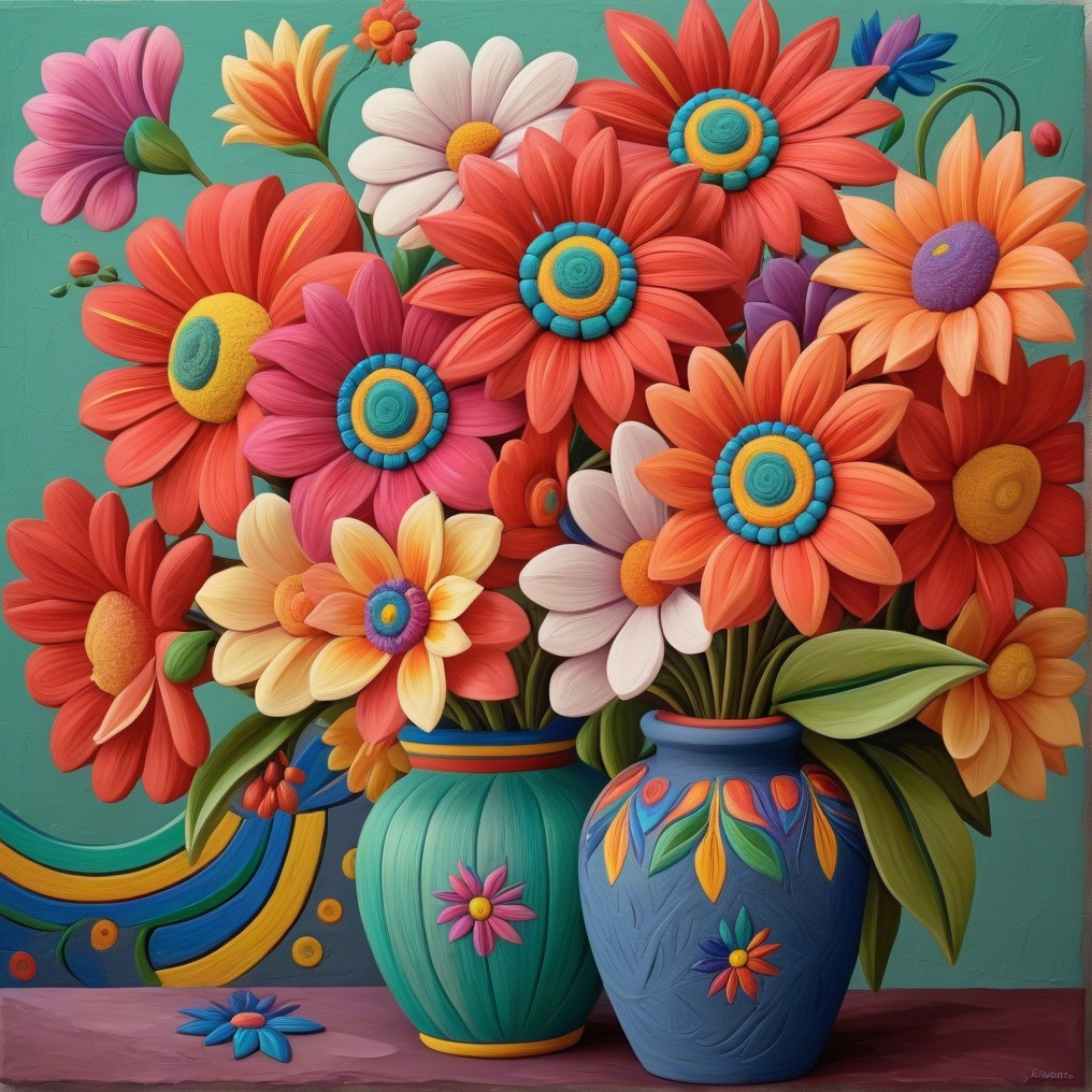 Vibrant Bouquet of Colorful Flowers in Decorative Vases