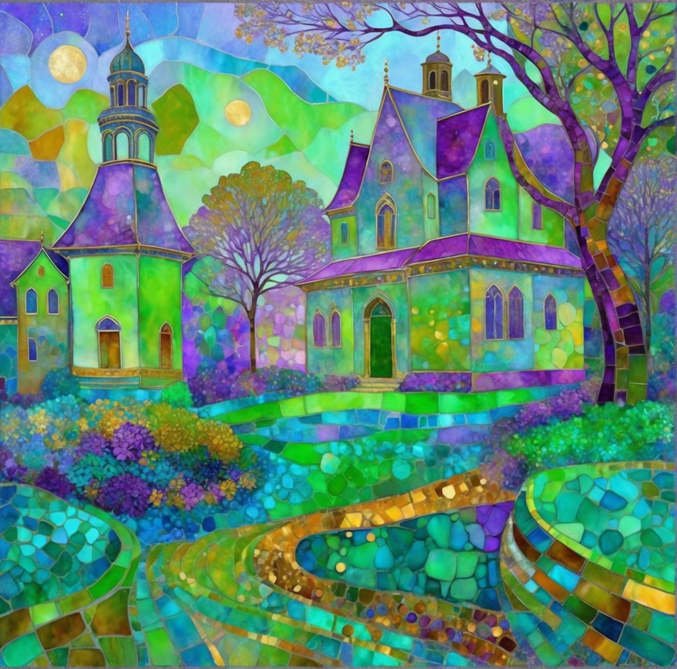 Stained-Glass Mosaic of a Colorful European Village