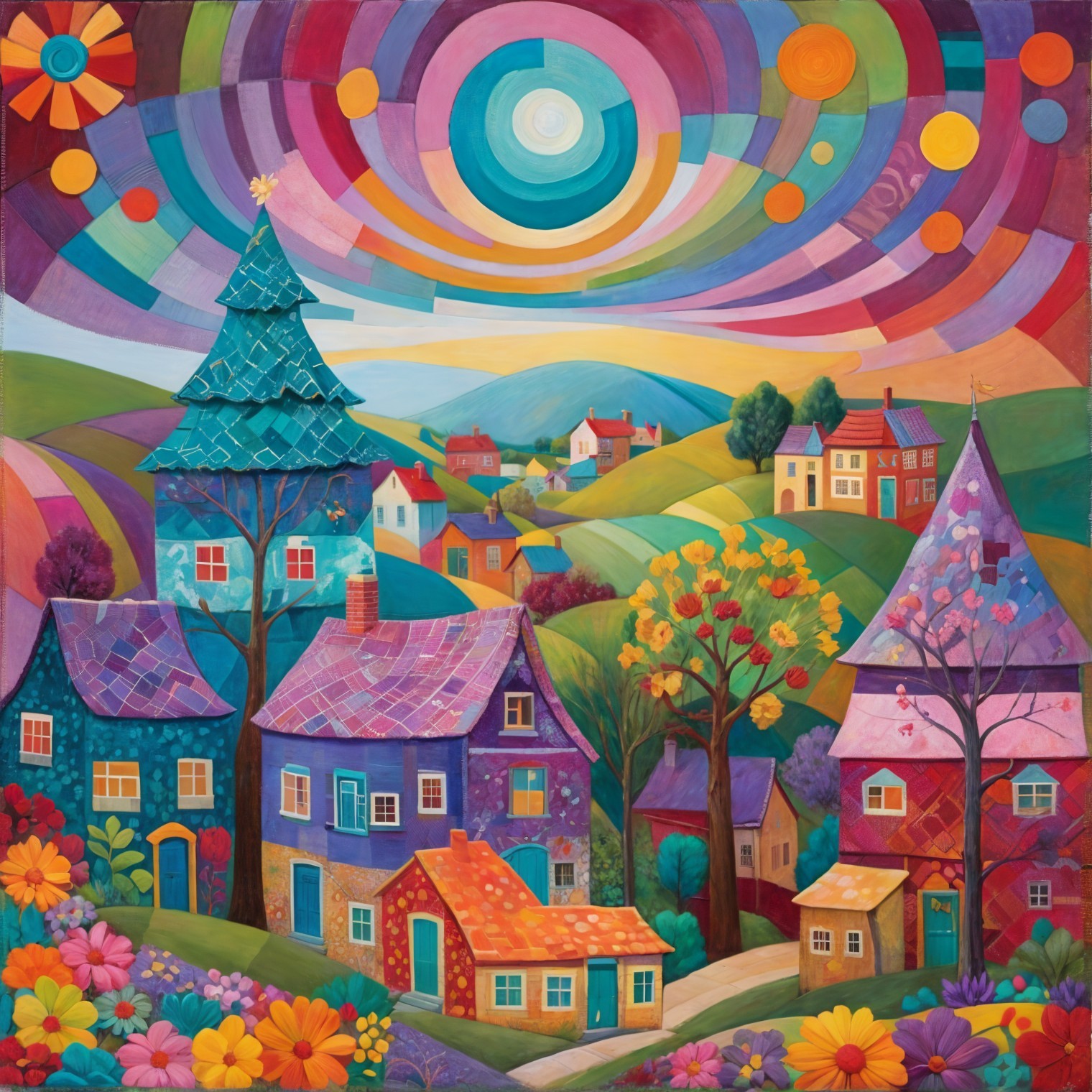 Vibrant Landscape with Whimsical Colorful Houses