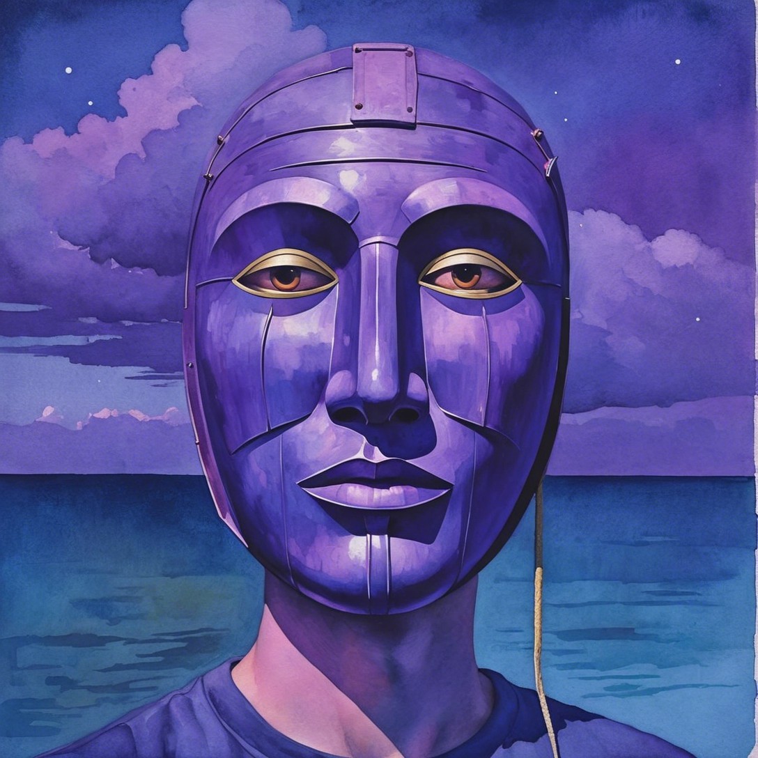 Portrait of a figure with a vibrant purple mask