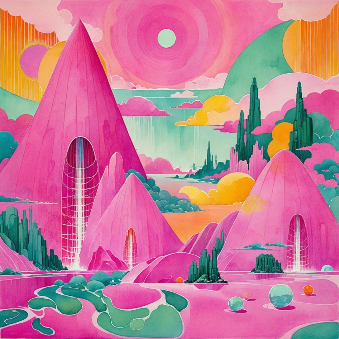 Vibrant Landscape with Pink Mountains and Reflections