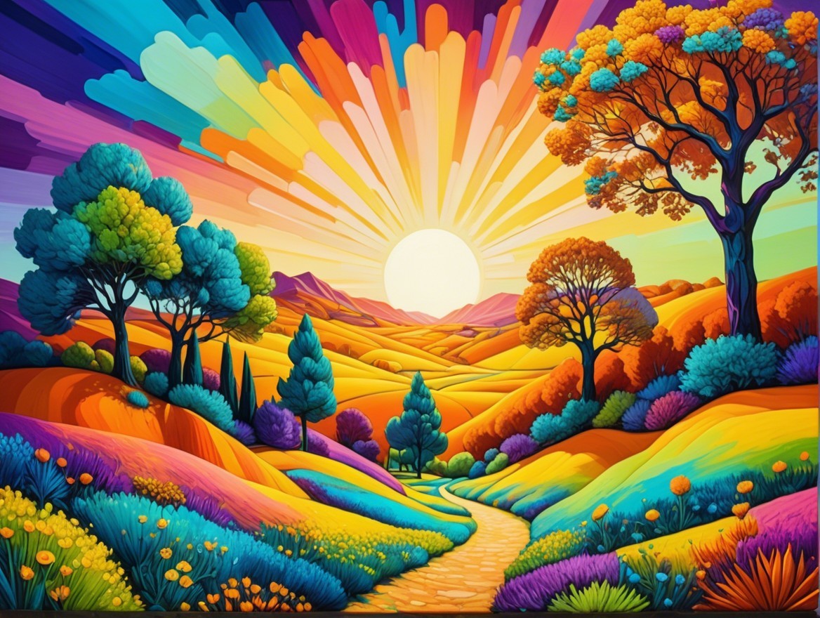Vibrant Landscape with Colorful Hills and Sunrise