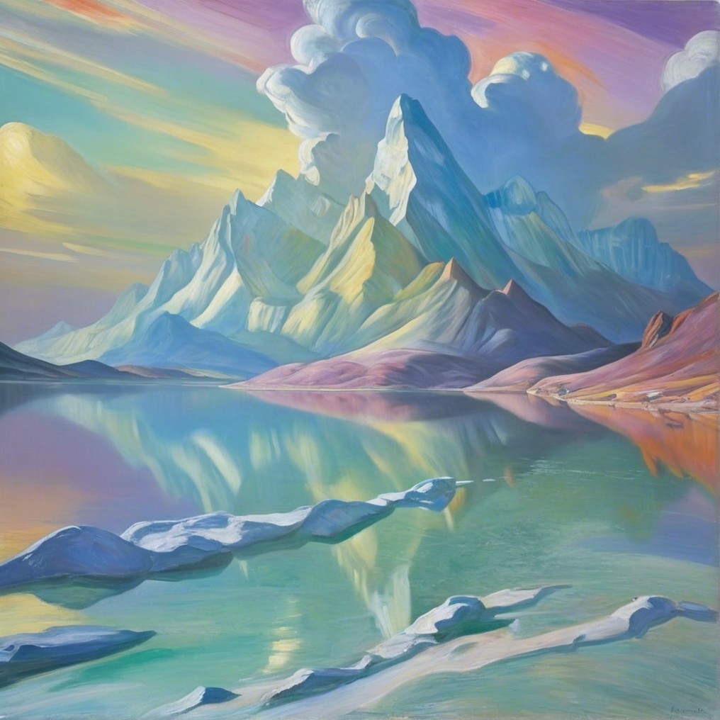 Serene landscape with colorful mountains and lake reflections