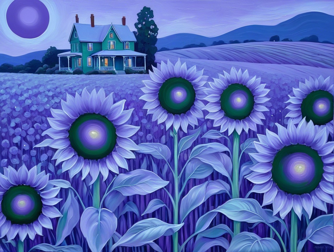 Surreal landscape with blue house and purple sunflowers