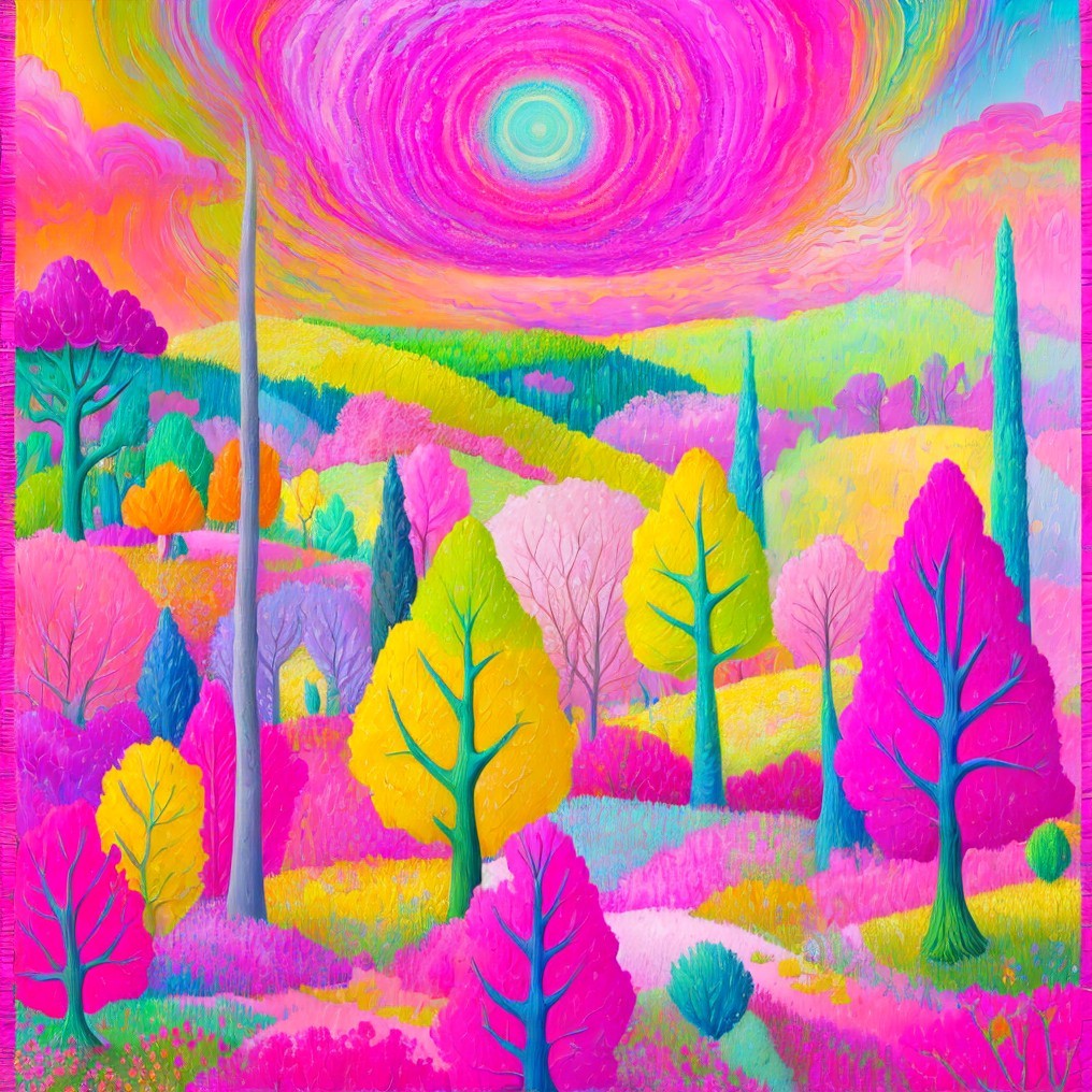 Surreal Landscape with Colorful Trees and Vivid Sky