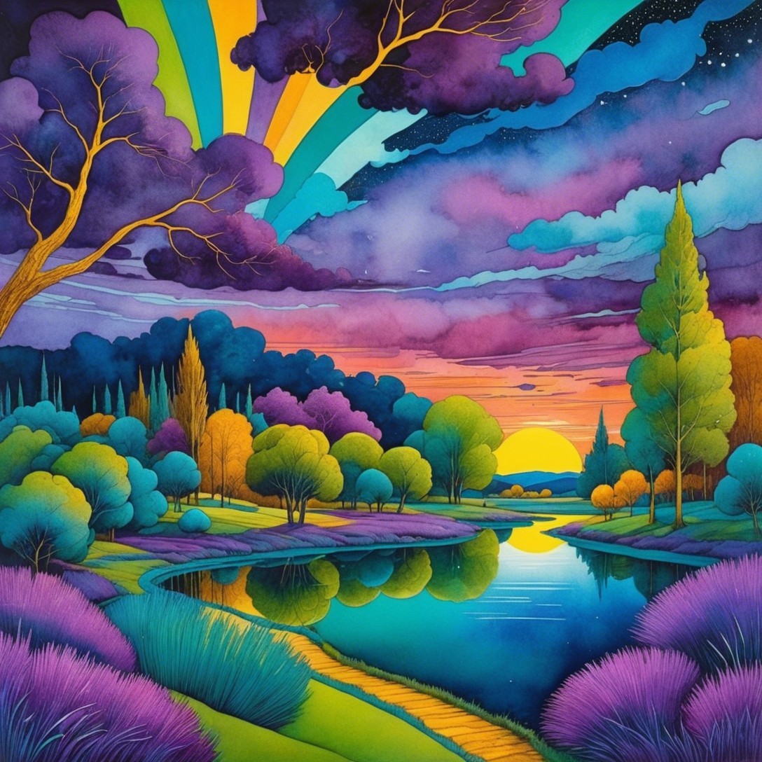 Vibrant Landscape with Tranquil River and Sunset