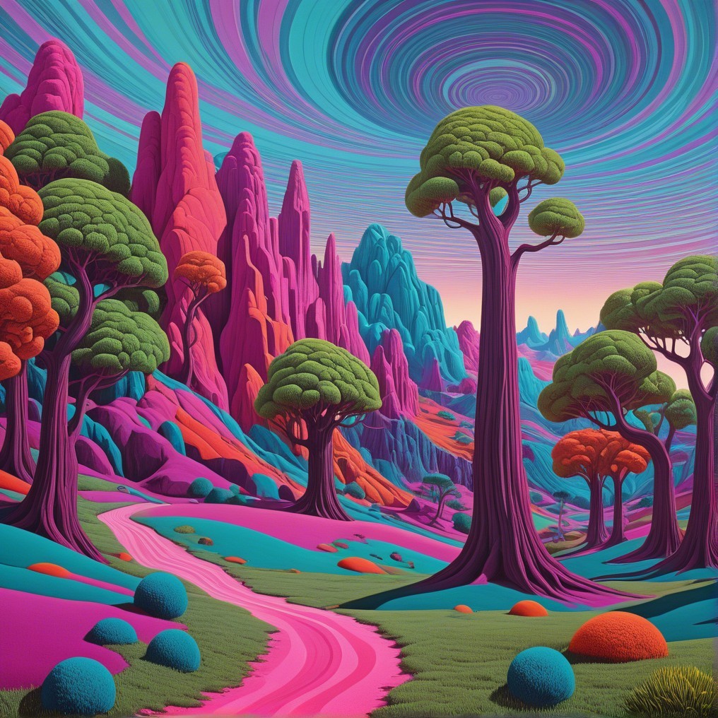 Surreal Landscape with Colorful Mountains and Trees