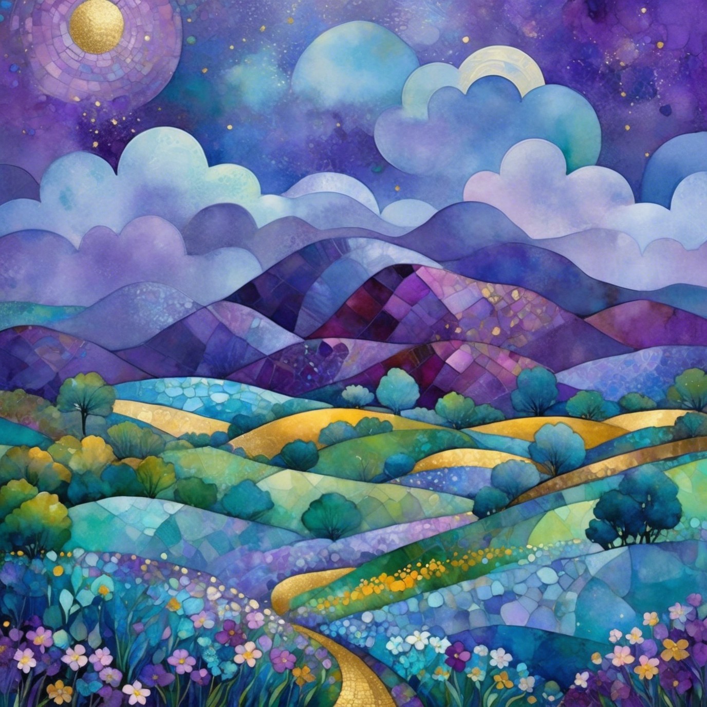 Whimsical Watercolor Moonlit Abstract Landscape