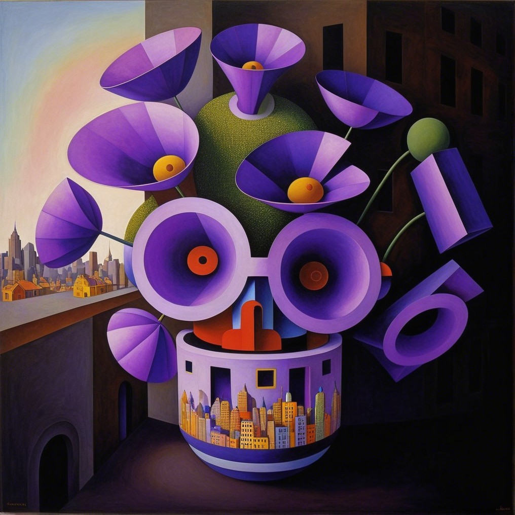 Surreal Composition of Flowers and Cityscape Vase