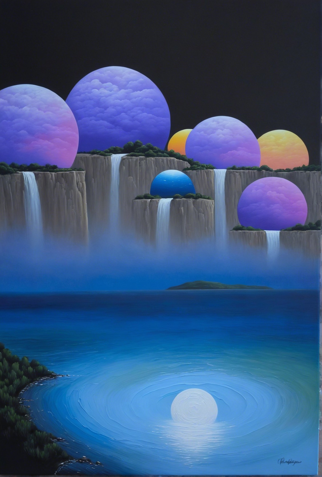 Whimsical Alien Landscape with Floating Planets and Waterfalls