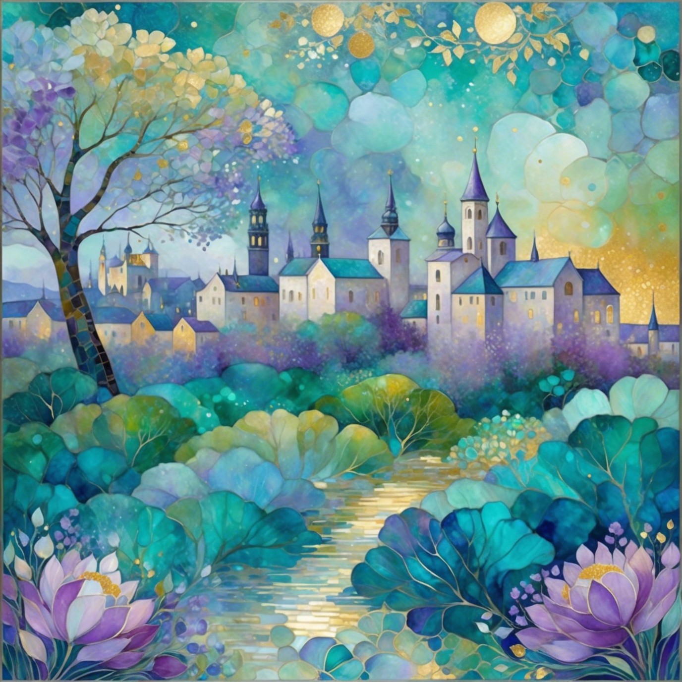 Whimsical Fairytale Landscape with Castle and River