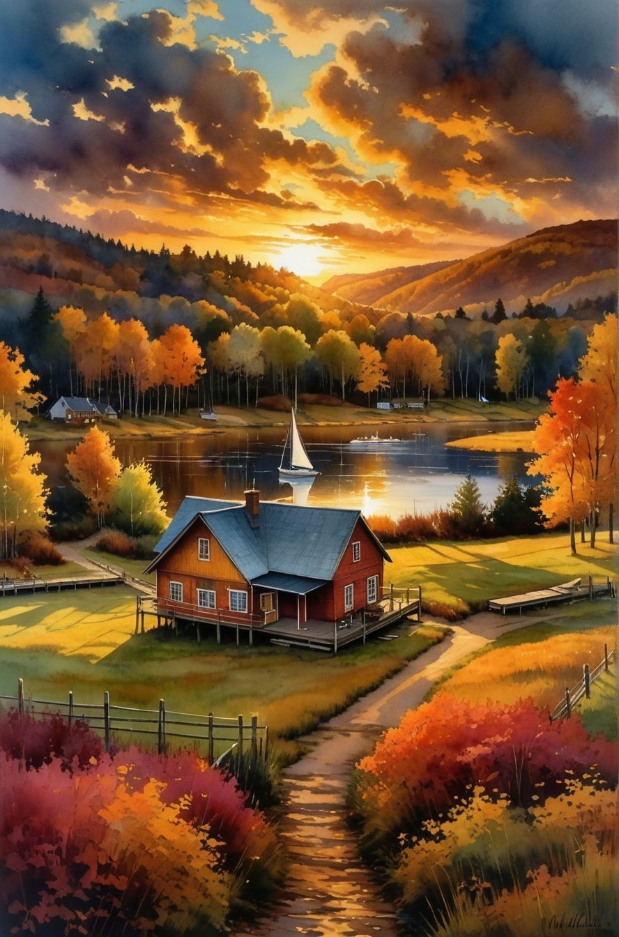 Serene Sunset Landscape with Red House and Lake