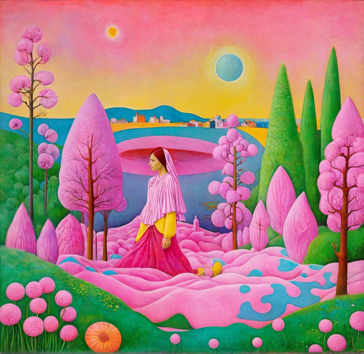 Surreal Landscape with Woman in Traditional Attire