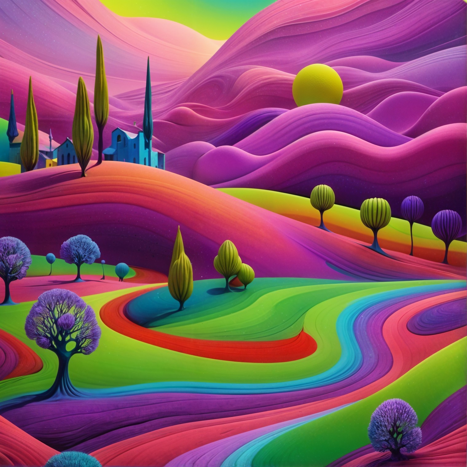 Surreal Landscape with Colorful Hills and Whimsical House