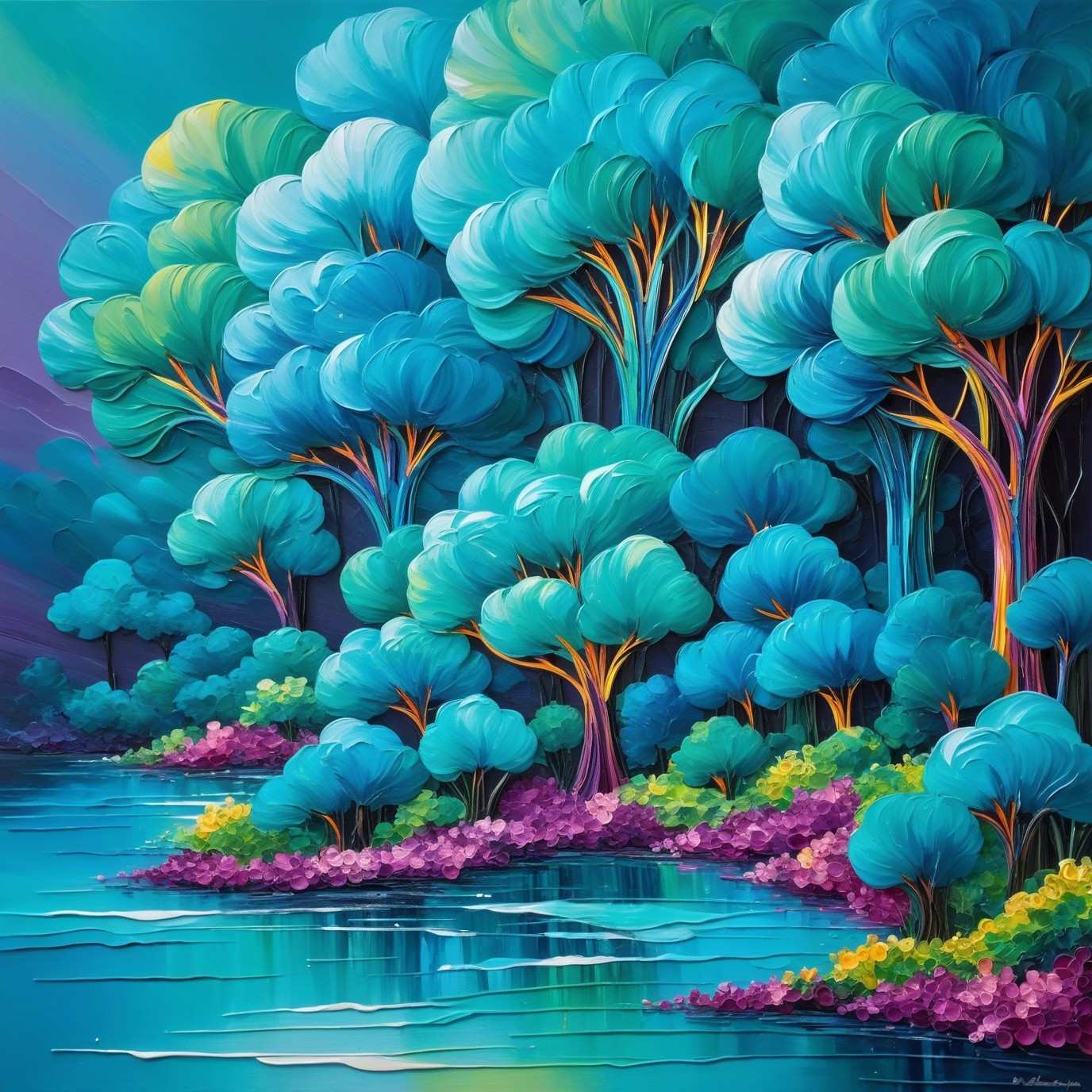 Fantasy Forest Oil Painting with Colorful Trees and River