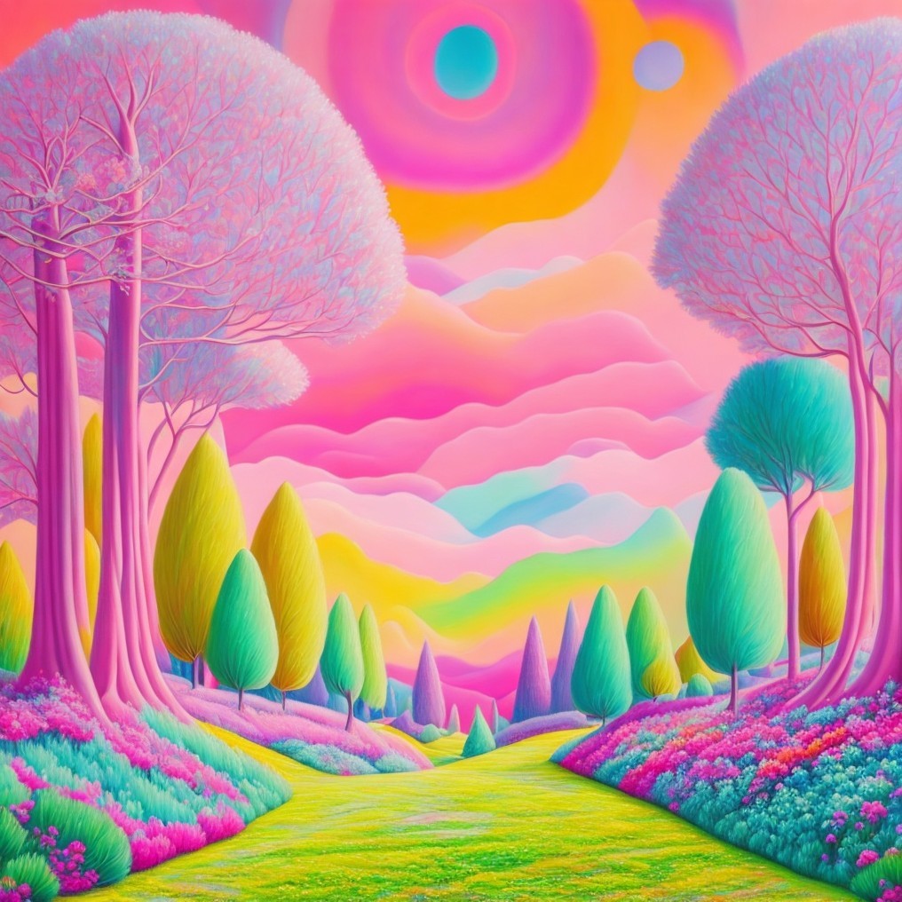 Vibrant Landscape with Stylized Trees and Pastel Sky
