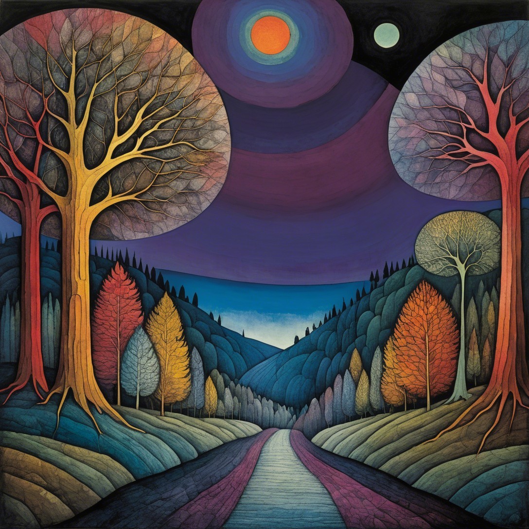 Vibrant Landscape with Stylized Trees and Autumn Colors