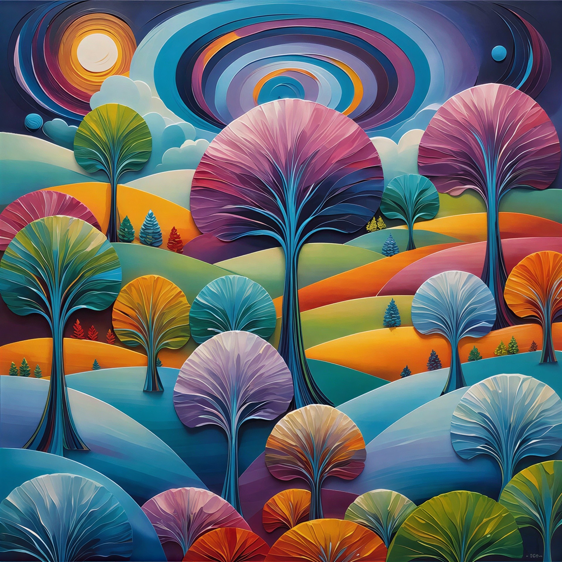 Vibrant Abstract Landscape with Colorful Trees and Hills