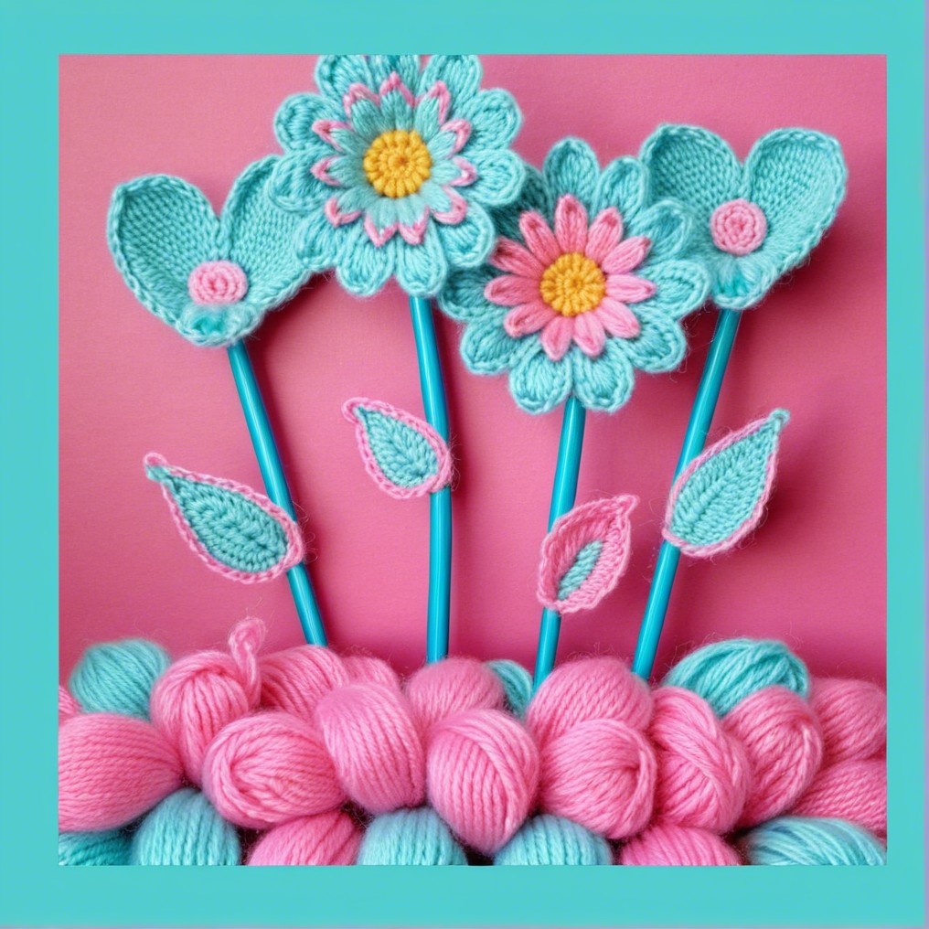 Knitted Flowers in Pastel Colors on Pink Background