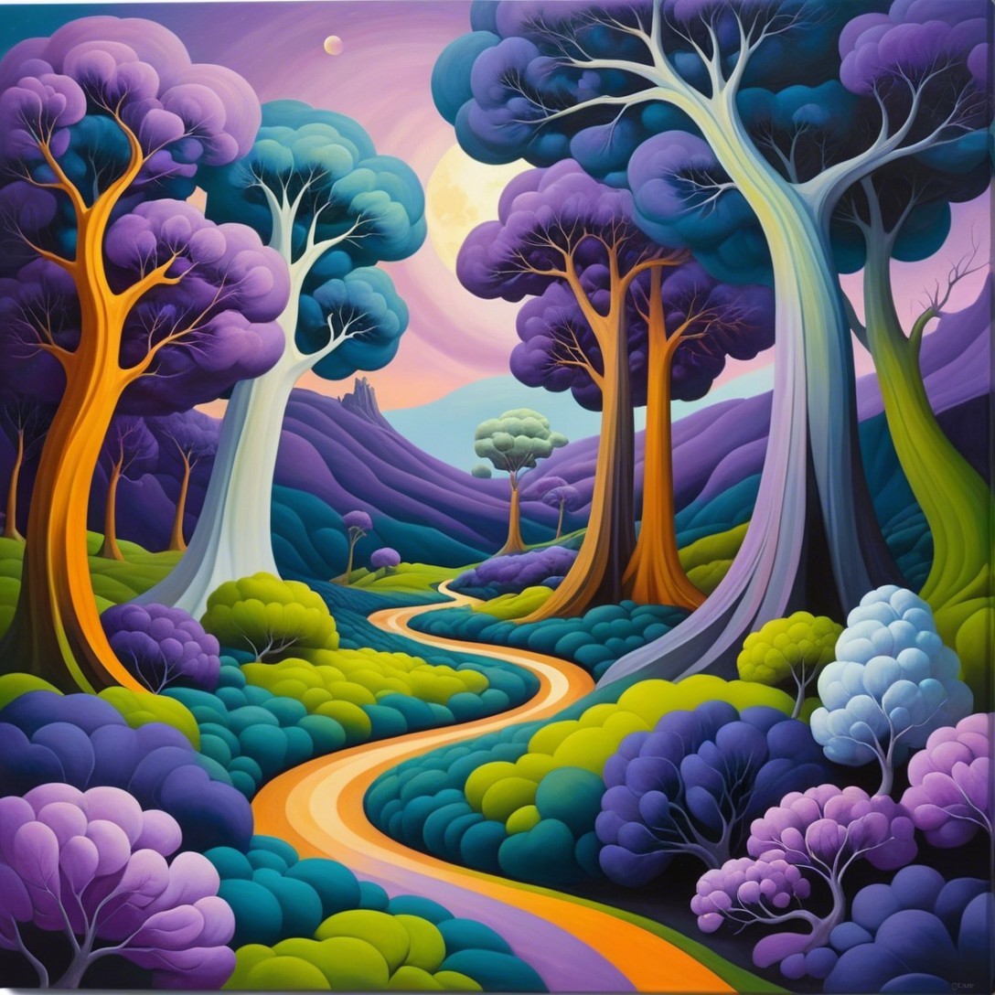 Vibrant Landscape with Winding River and Glowing Moon