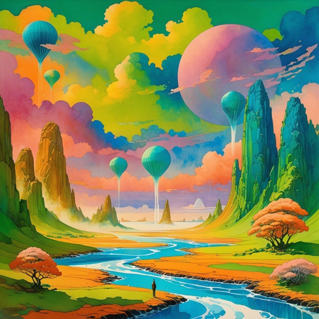 Surreal Landscape with Colorful Rocks and Balloons