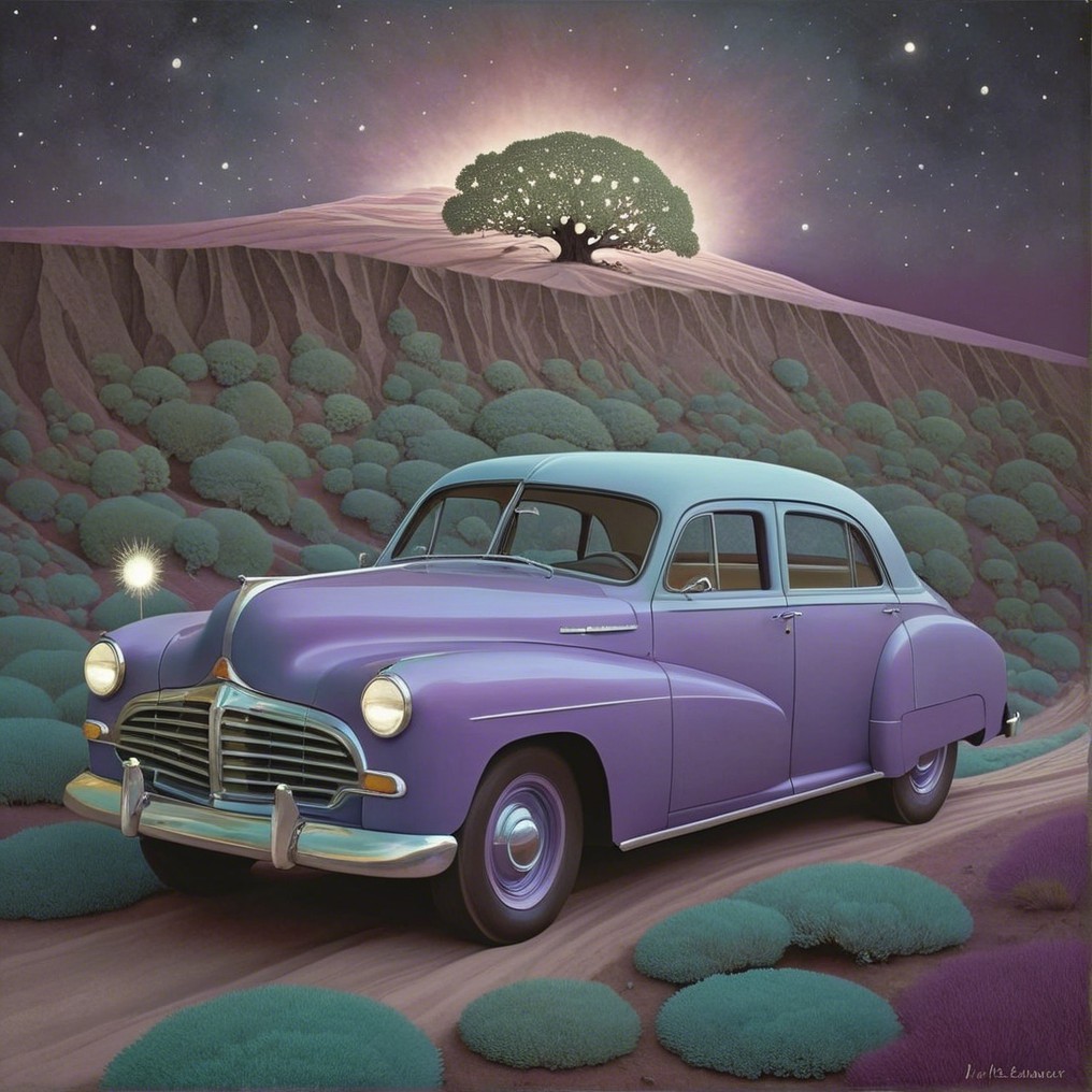 Vintage Purple Car on Winding Road with Surreal Hills