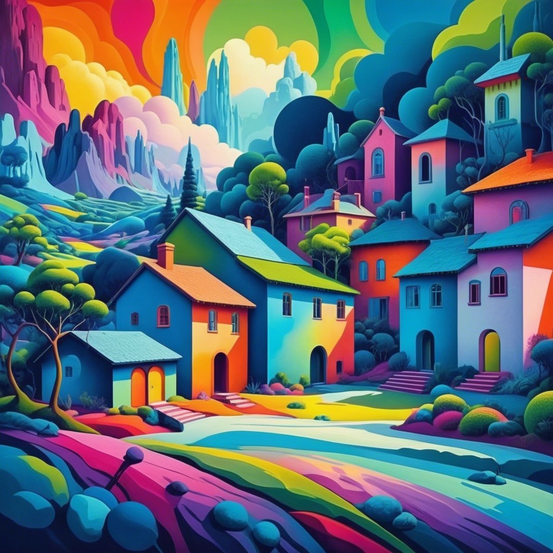 Surreal Landscape with Colorful Houses and Mountains