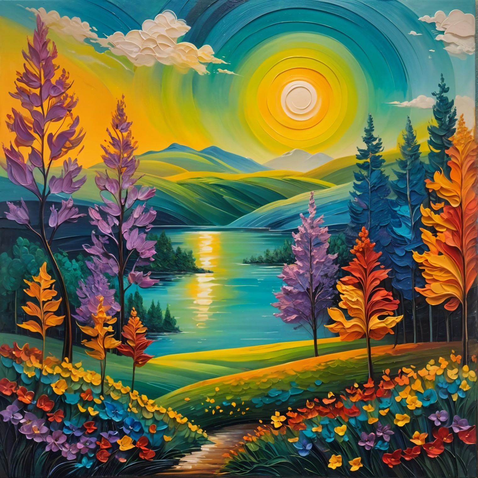 Vibrant Landscape with Colorful Trees and Lake