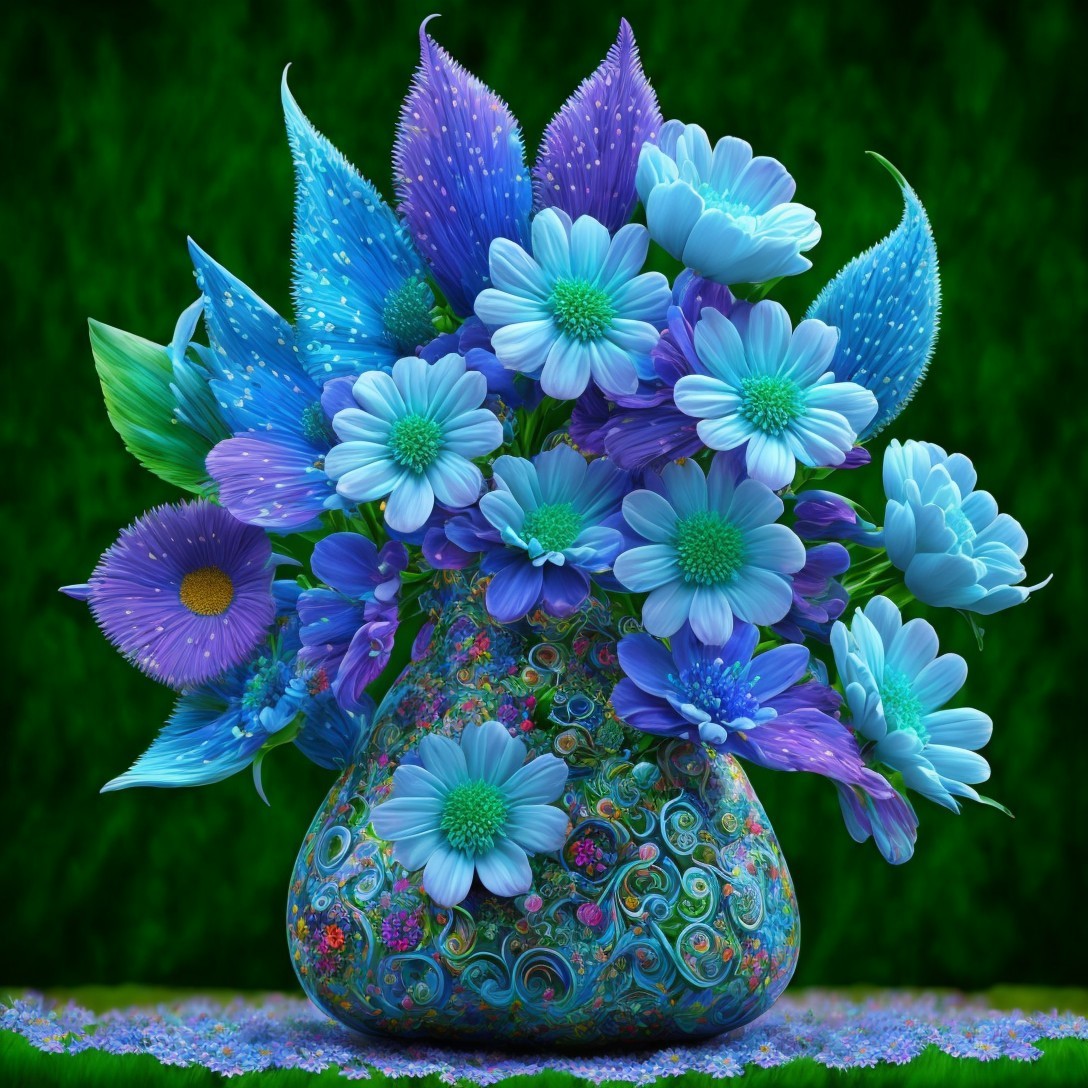 Vibrant Bouquet of Blue and Purple Flowers in Vase