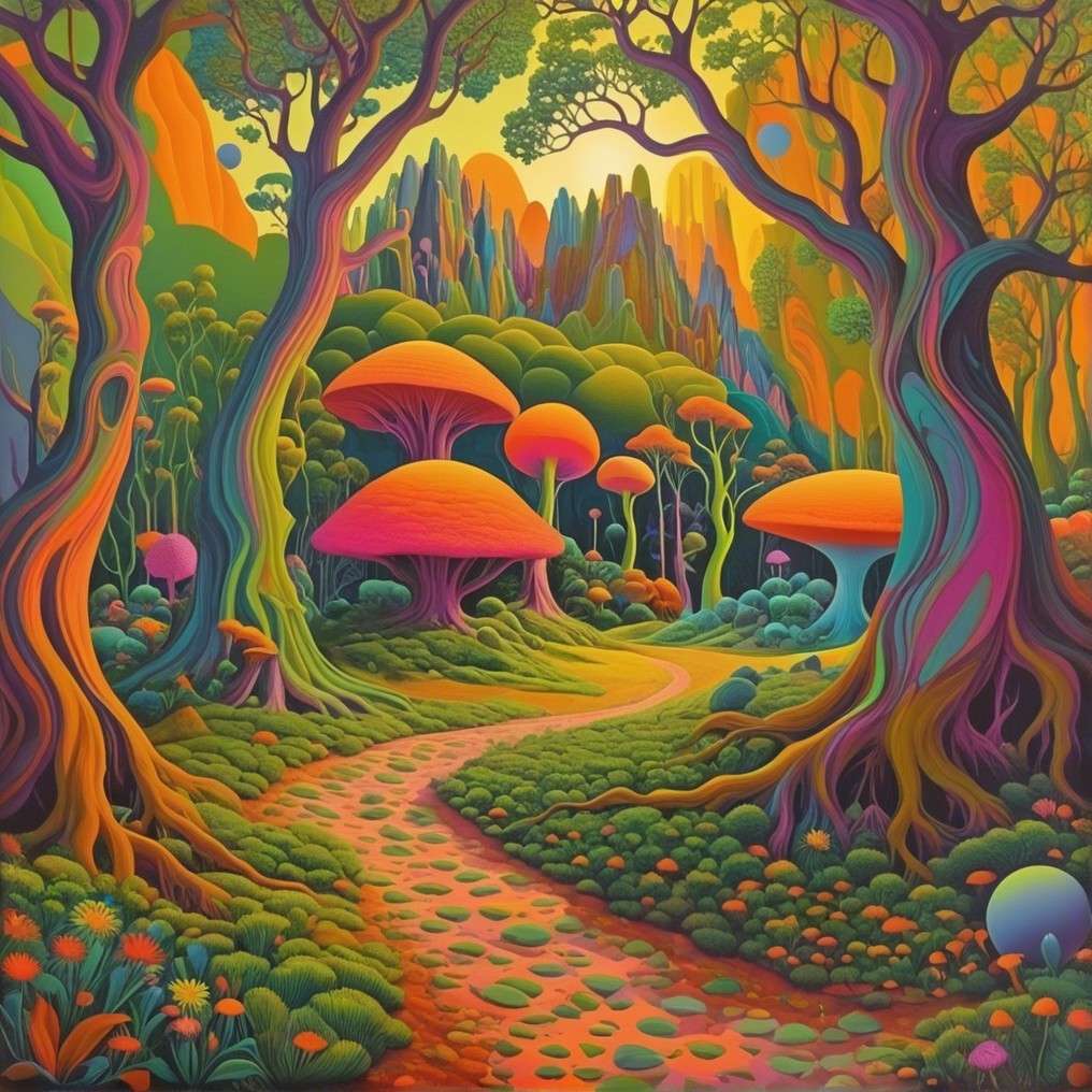 Vibrant Fantastical Landscape with Colorful Forests