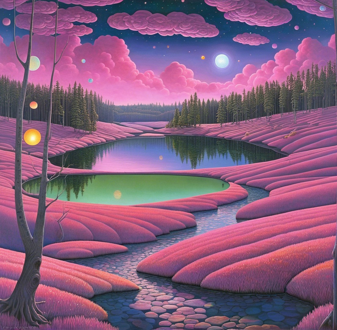 Surreal Landscape with Pink Hills and Starry Sky