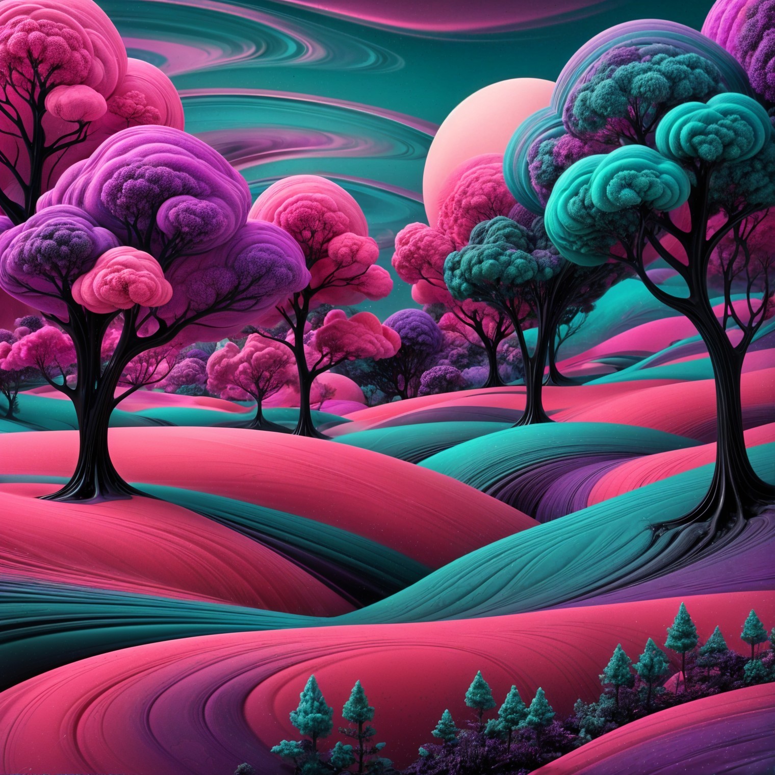 Surreal Landscape with Vibrant Hills and Whimsical Trees