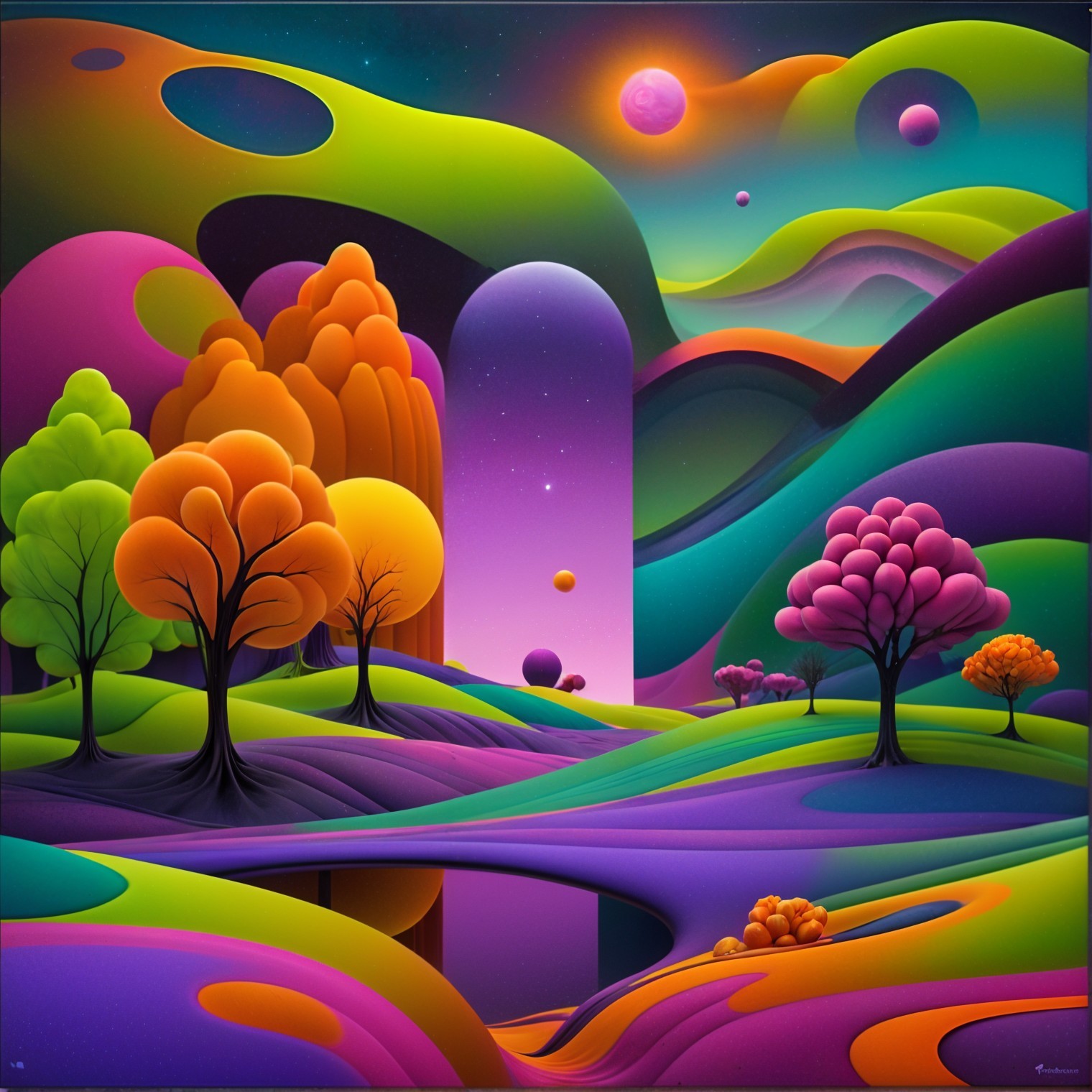 Surreal Landscape with Vibrant Trees and Celestial Bodies