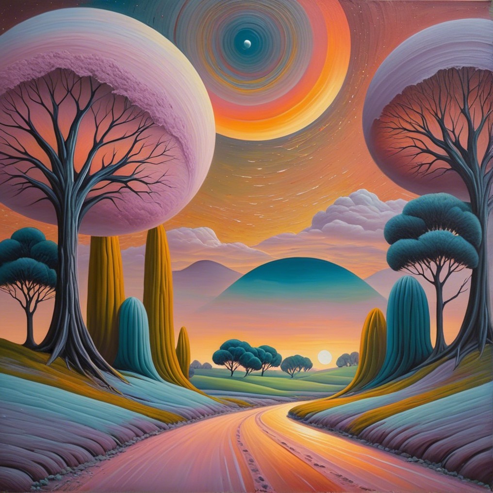 Surreal Landscape with Vibrant Trees and Dreamy Sky