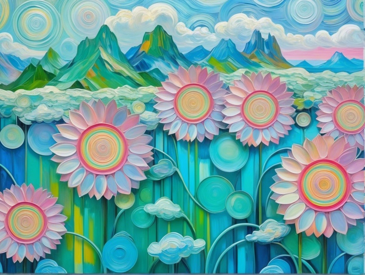 Vibrant Landscape with Oversized Stylized Sunflowers