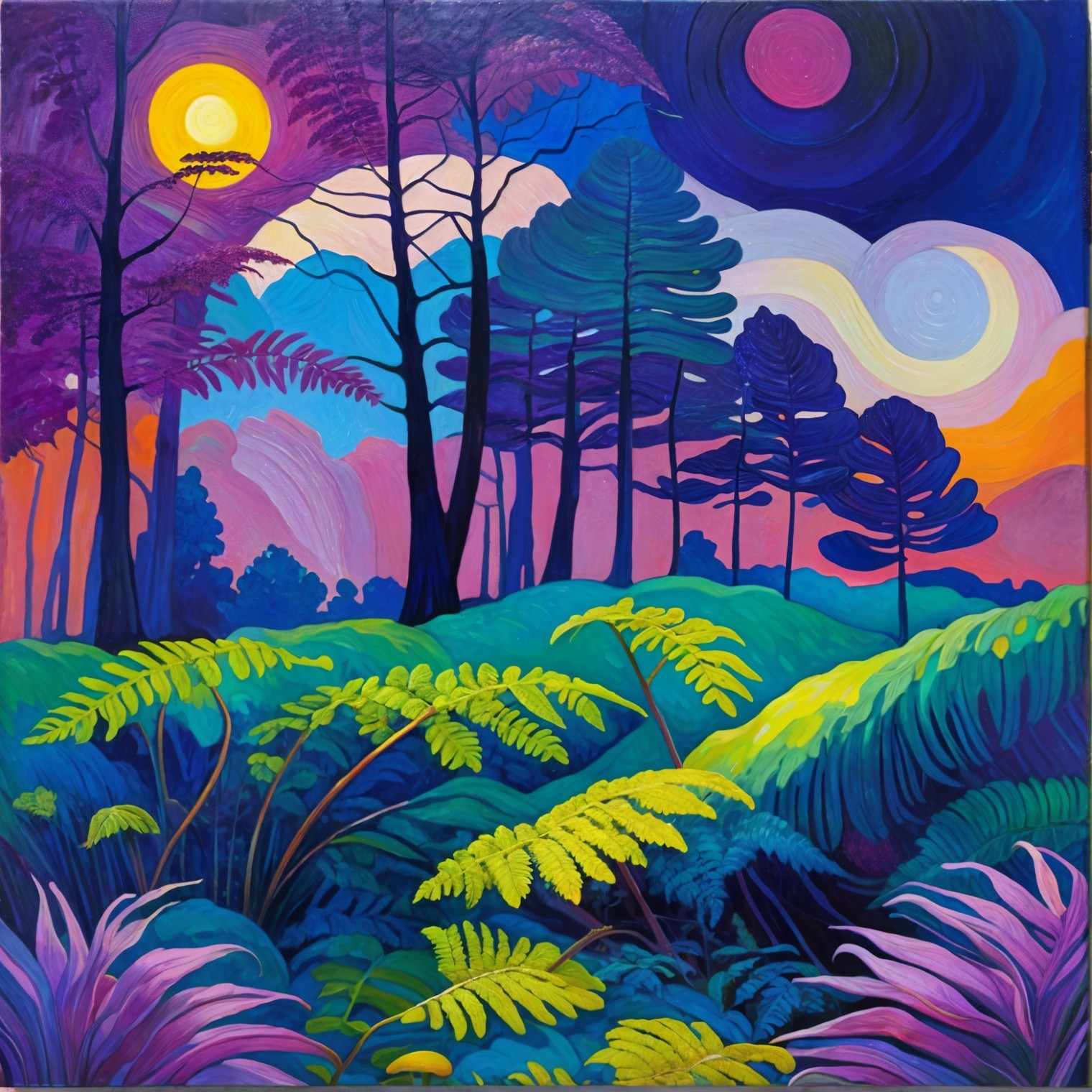 Vibrant Landscape with Lush Foliage and Celestial Sky