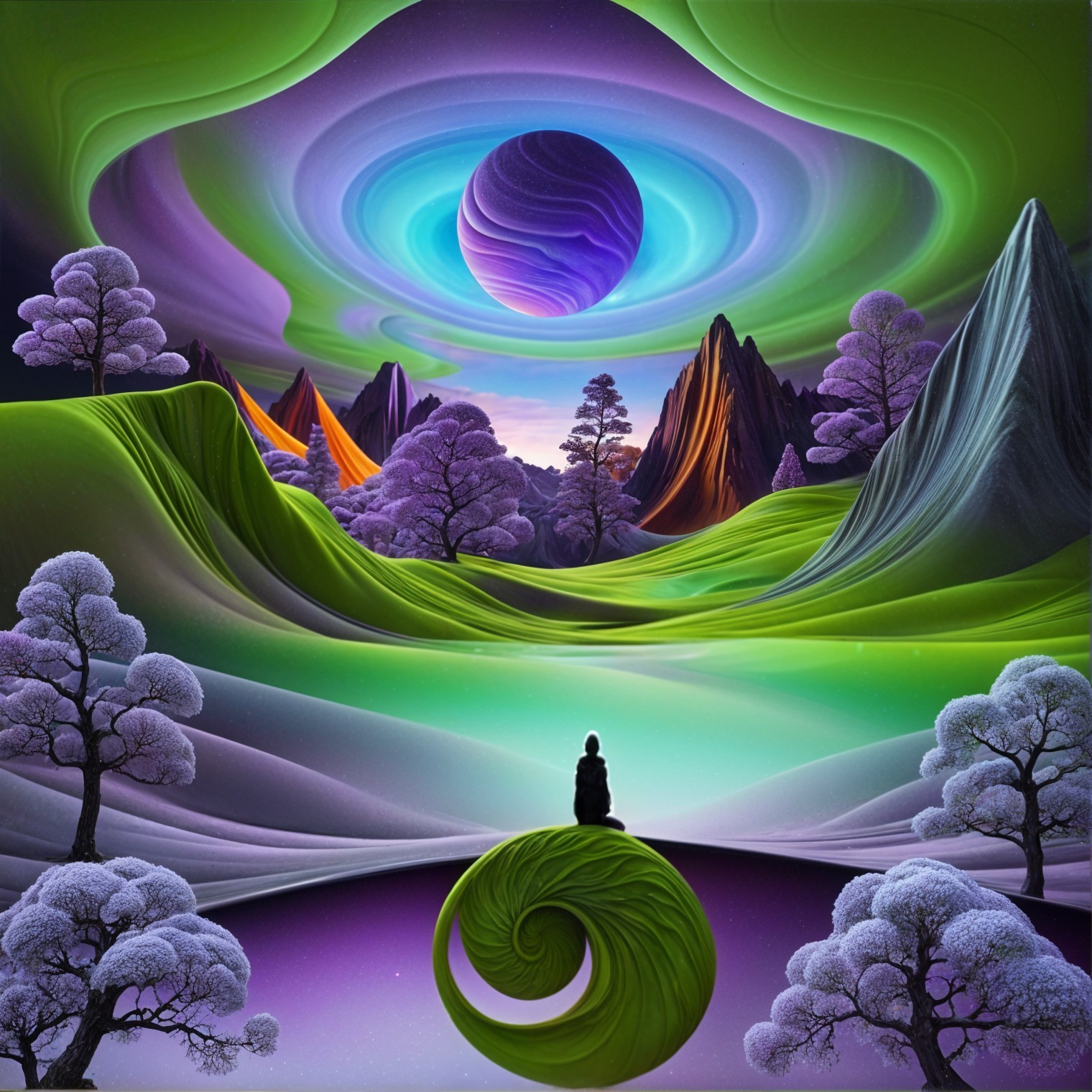 Surreal Landscape with Colorful Planet and Majestic Mountains
