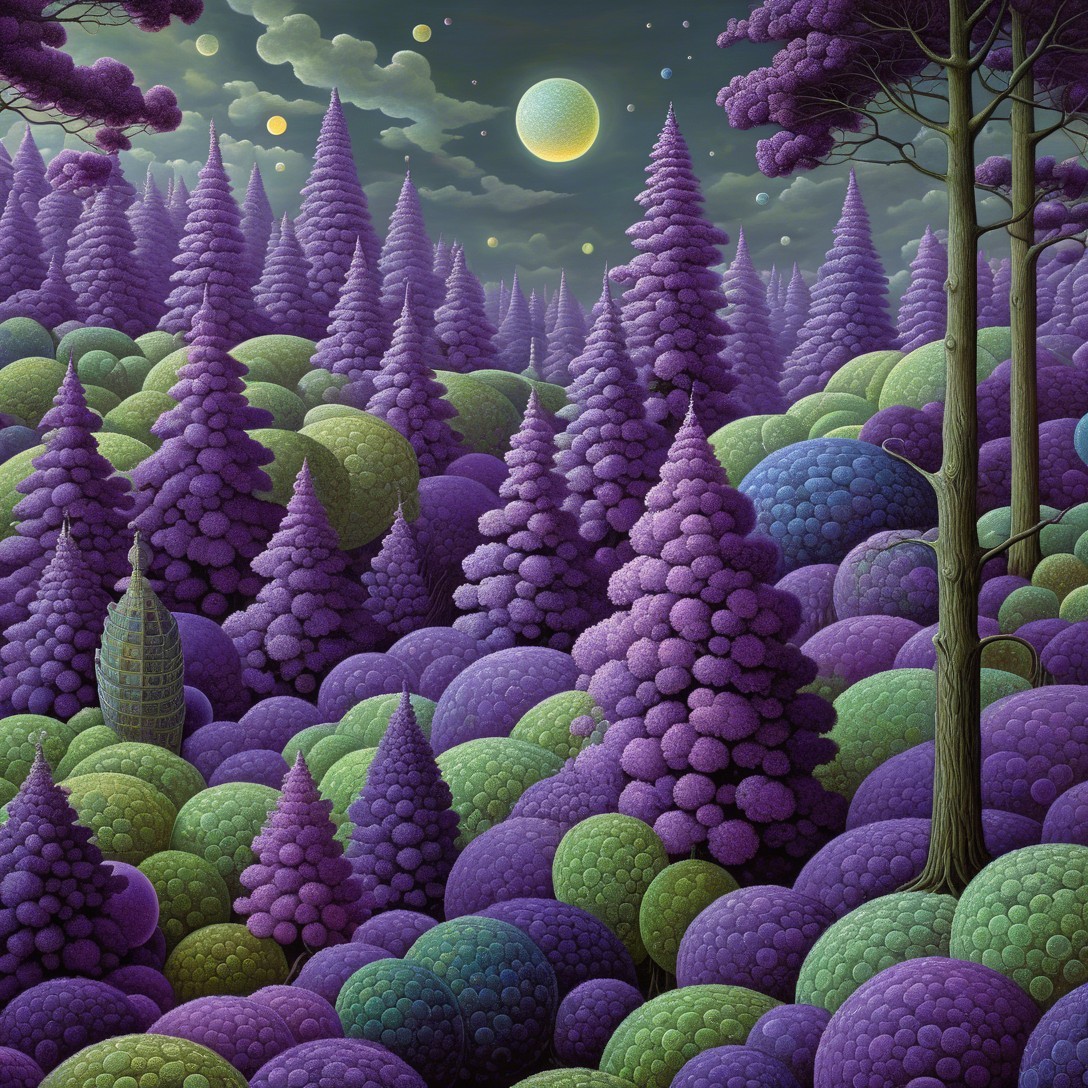 Surreal Landscape with Spherical Trees and Moonlight