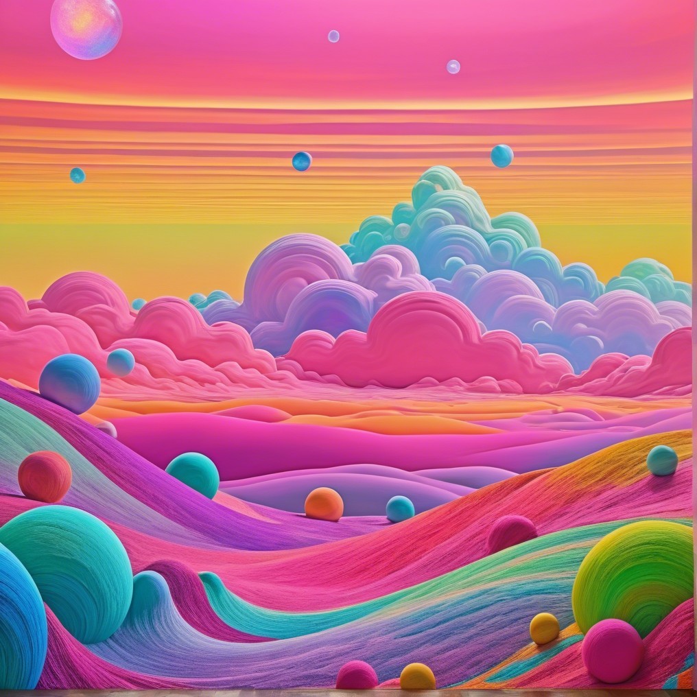 Surreal Landscape with Colorful Hills and Bubbles