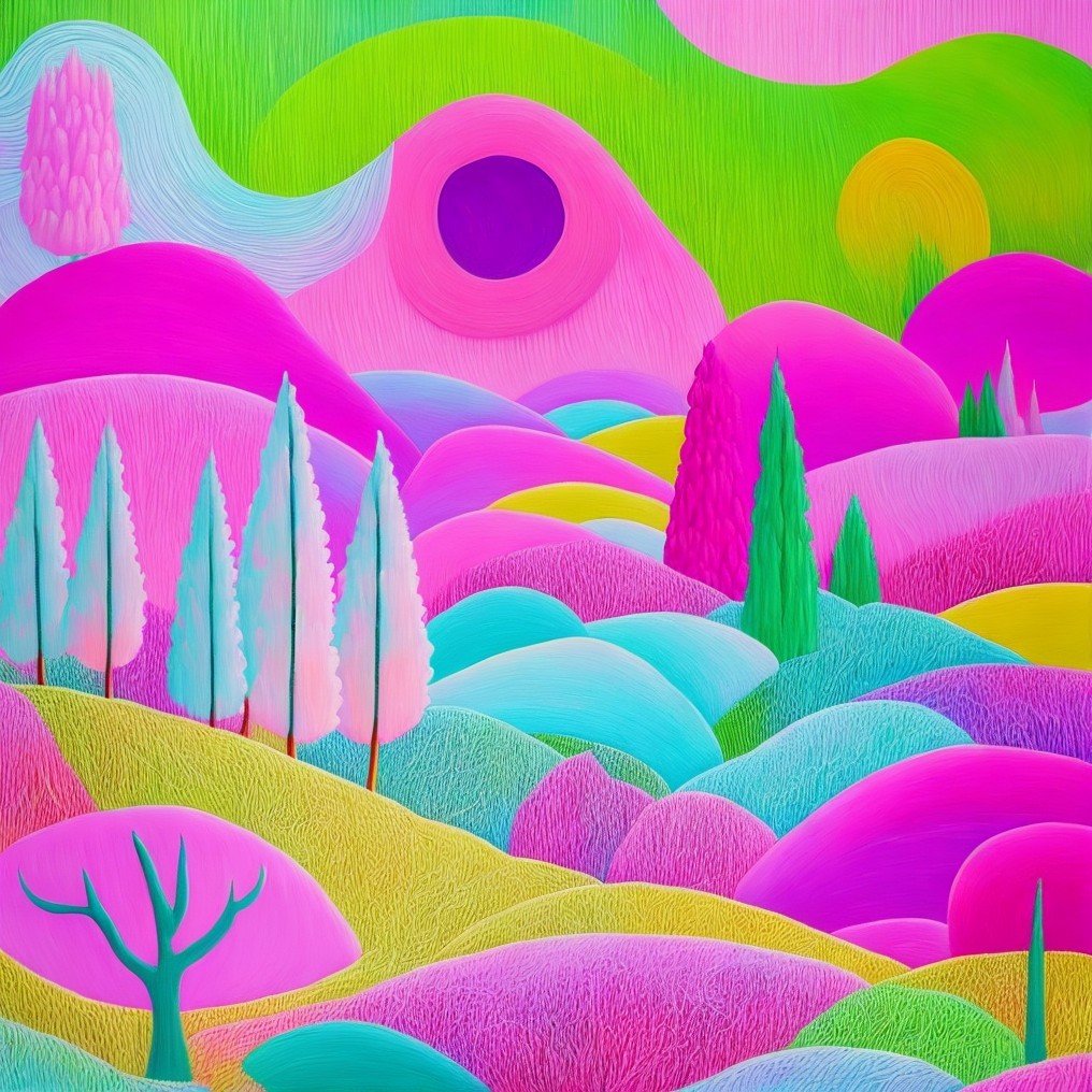 Vibrant Landscape with Colorful Rolling Hills and Trees
