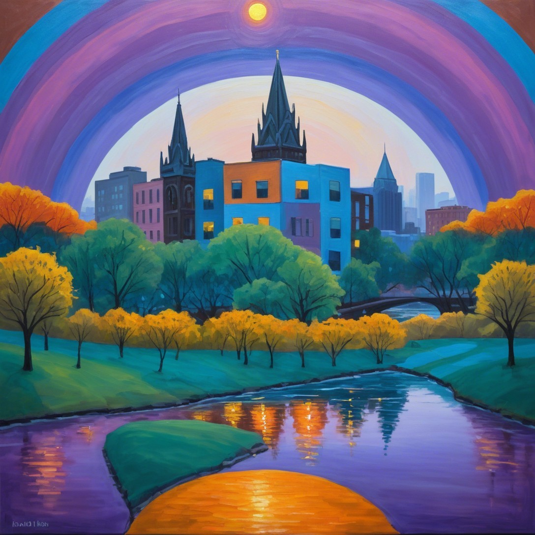 Vibrant cityscape at dusk with colorful buildings