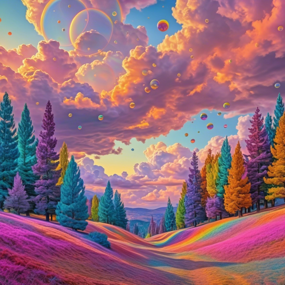 Vibrant Fantasy Landscape with Colorful Hills and Sunset