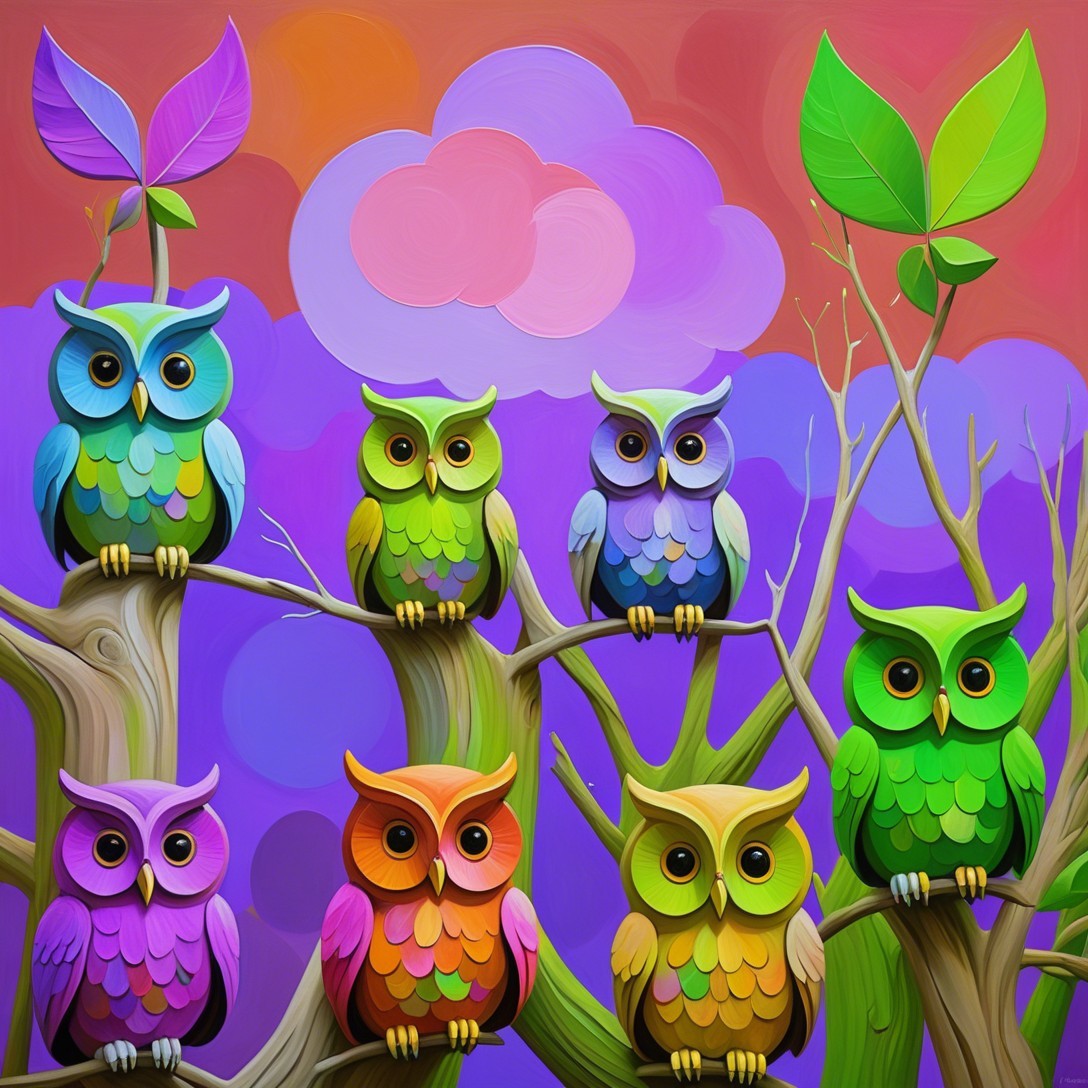 Colorful Owls on Tree Branch with Gradient Clouds