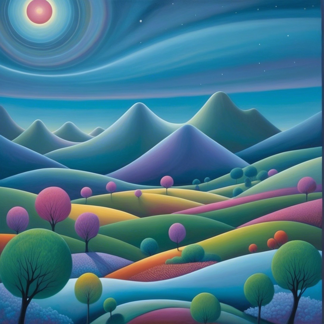 Vibrant Landscape with Hills, Mountains, and Moonlight