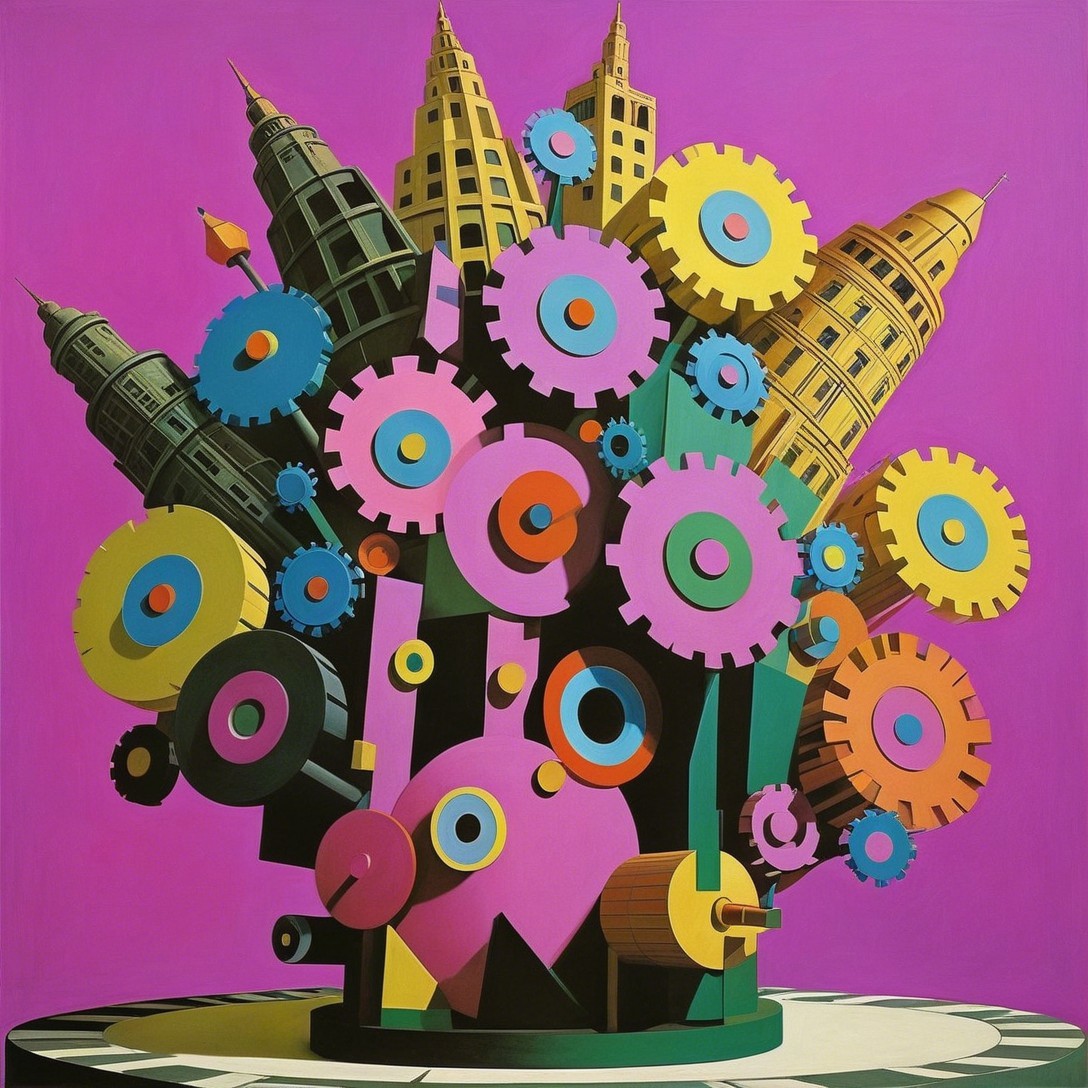 Vibrant Abstract Artwork of Gears and Buildings